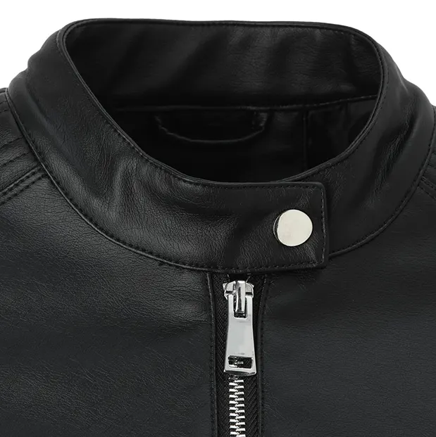 Washed Faux Leather Jacket with Stand Collar