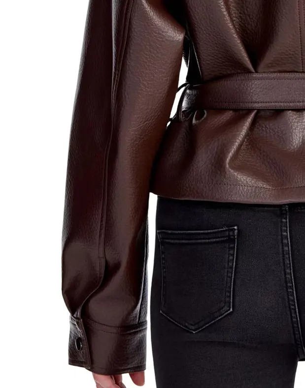 Pebbled Faux Leather Jacket with Belt and Pockets
