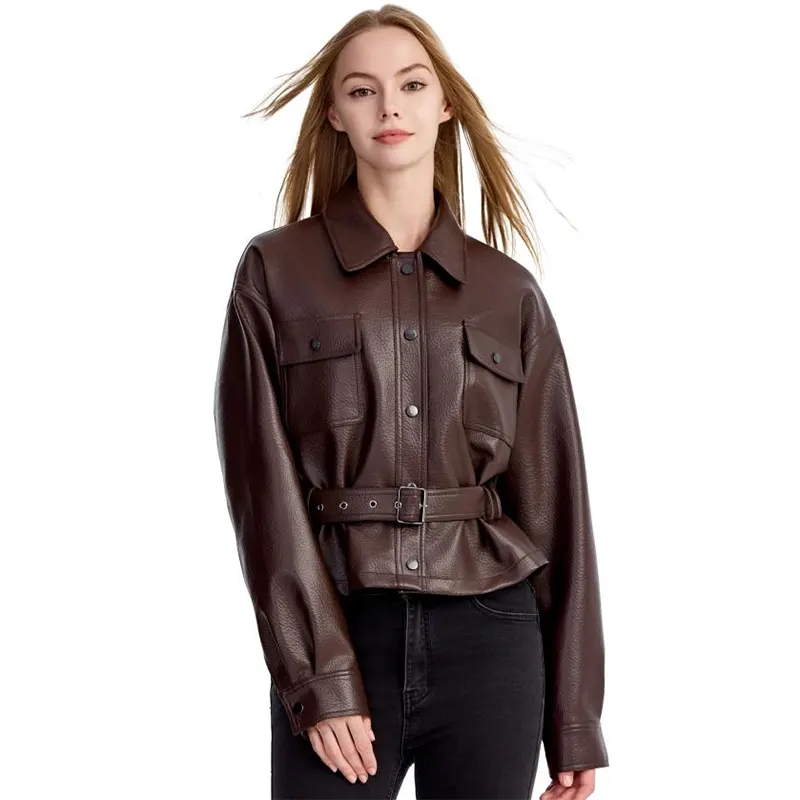 Куртка из шагреневой искусственной кожи с поясом и карманами